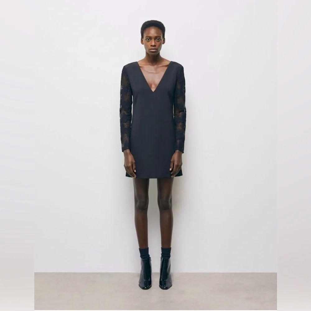 NWT The KOOPLES Vestiaire Black Lace Sleeve LBD Mini Dress Sz 3 US L Summer Date - Picture 2 of 10